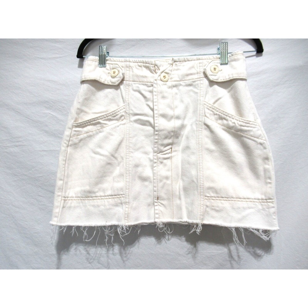 Free People Ivory Beige Color Denim Mini Skirt Size 10 A-Line High Rise Raw Edge